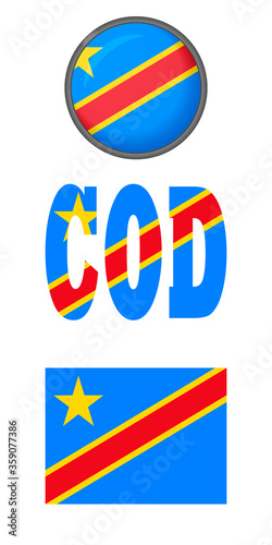 Icons of the flag of the Democratic Republic Of The Congo on a white background. Vector image: flag, button, and abbreviation. You can use it to create a website, print brochures, booklets, flyers