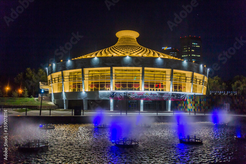 ALMATY, KAZAKHSTAN - JULY 30, 2018: Night view of Kazakh State Circus in Almaty