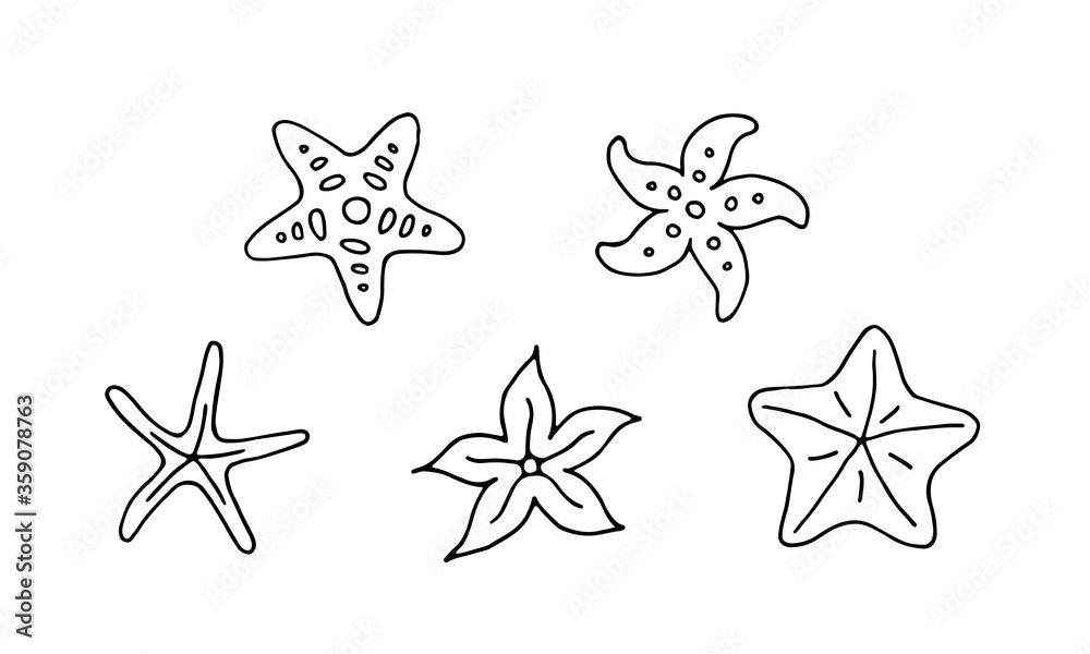 Set of sea stars doodle outline hand drawn isolated editable illustration. Transparent collection on white background Set of sea stars doodle outline hand drawn isolated editable illustration. Transparent collection on white background