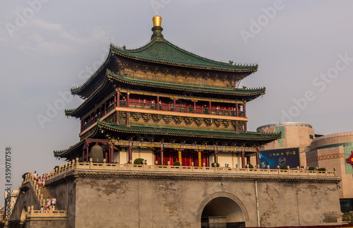 XI'AN, CHINA - AUGUST 5, 2018: Tourists visit the Bell Tower in Xi'an, China