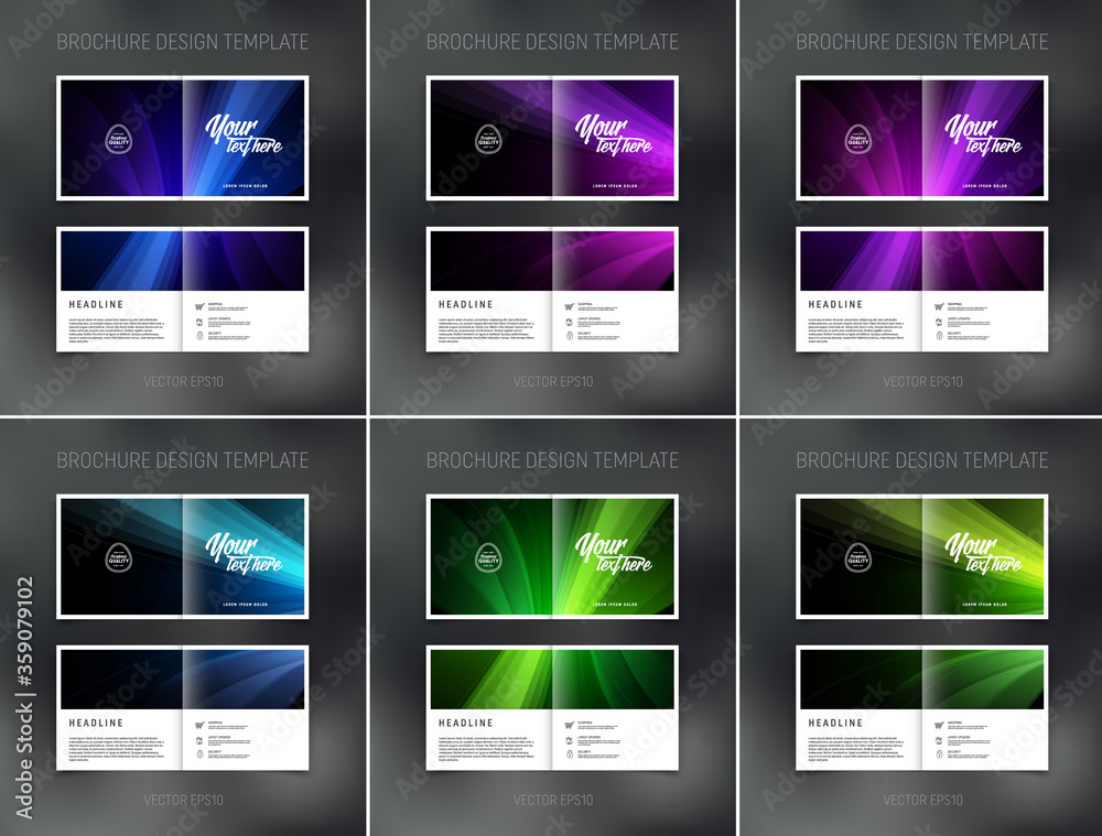 Set of vector brochure, booklet, presentation design templates with dark backgrounds and colorful light rays Set of vector brochure, booklet, presentation design templates with dark backgrounds and colorful light rays