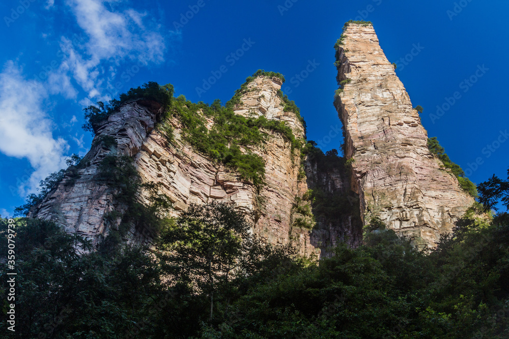 Rocky pillars in Zhangjiajie National Forest Park in Hunan province, China