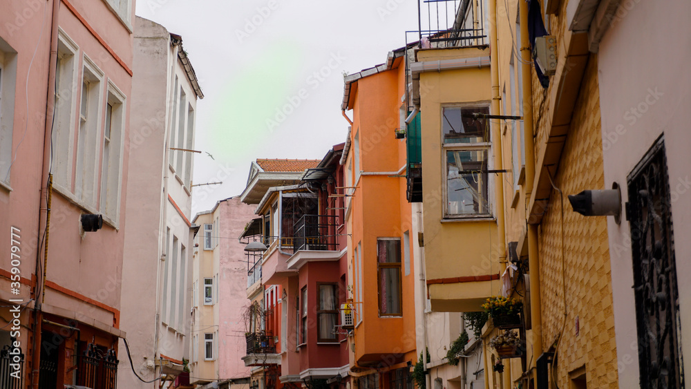 View of Balat houses / homes where is a historic district in Istanbul, old city in Marmara region, Turkey. Traditional Ottoman houses in Istanbul's European side. 