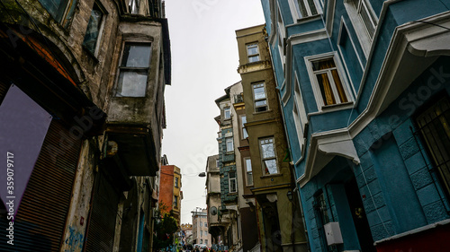 View of Balat houses / homes where is a historic district in Istanbul, old city in Marmara region, Turkey. Traditional Ottoman houses in Istanbul's European side. 