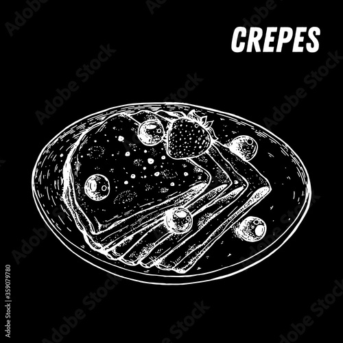 French dessert crepes sketch. French pastries . Food menu design template. Hand drawn sketch vector illustration.