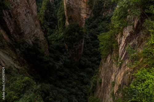 View down the sandstone pillars in Wulingyuan Scenic and Historic Interest Area in Zhangjiajie National Forest Park in Hunan province, China