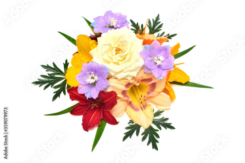 Wallpaper Mural Collection of flowers delphinium, rose and hemerocallis isolated on a white background. Stylish floral arrangement. Flat lay, top view Torontodigital.ca
