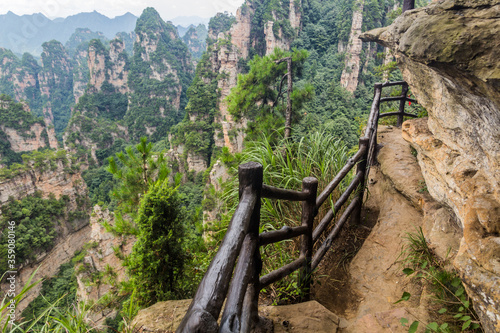 Railings at the One Step to Heaven viewpoint in Wulingyuan Scenic and Historic Interest Area in Zhangjiajie National Forest Park in Hunan province, China