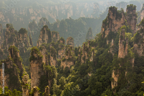 Aerial view of sandstone pillars in Wulingyuan Scenic and Historic Interest Area in Zhangjiajie National Forest Park in Hunan province, China