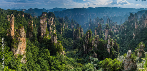 Panorama of sandstone pillar landscape in Wulingyuan Scenic and Historic Interest Area in Zhangjiajie National Forest Park in Hunan province, China