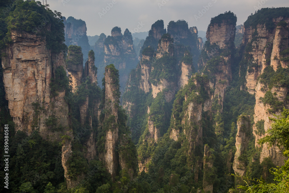 Tall sandstone pillars in Wulingyuan Scenic and Historic Interest Area in Zhangjiajie National Forest Park in Hunan province, China