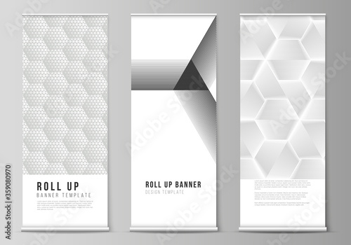 The vector illustration layout of roll up banner stands, vertical flyers, flags design business templates. Abstract geometric triangle design background using different triangular style patterns.