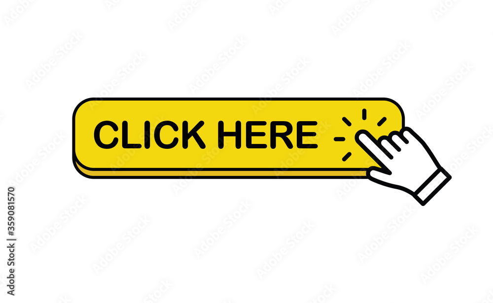 Click here web button. Isolated website buy or register bar icon with hand finger clicking cursor, design template. Click here web button. Isolated website buy or register bar icon with hand finger clicking cursor, design template.