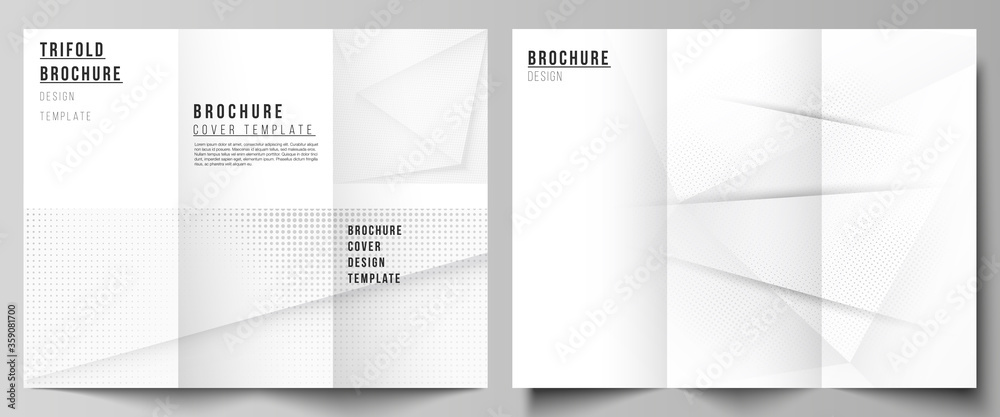 Vector layouts of covers design templates for trifold brochure, flyer layout, book design, brochure cover, advertising mockups. Halftone dotted background with gray dots, abstract gradient background.