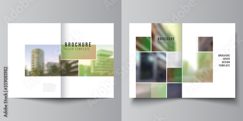 Vector layout of two A4 cover mockups design templates for bifold brochure, flyer, magazine, cover design, book design, brochure cover. Abstract project with clipping mask green squares for your photo