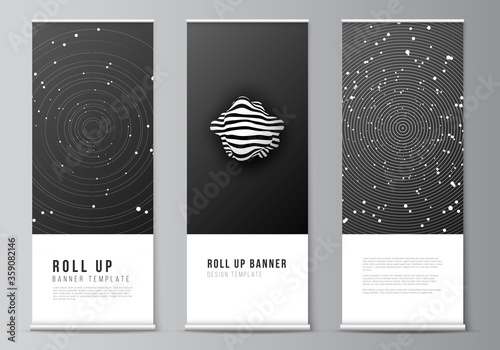 Vector layout of roll up mockup design templates for vertical flyers, flags design templates, banner stands, advertising design mockups. Tech science future background, space design astronomy concept.