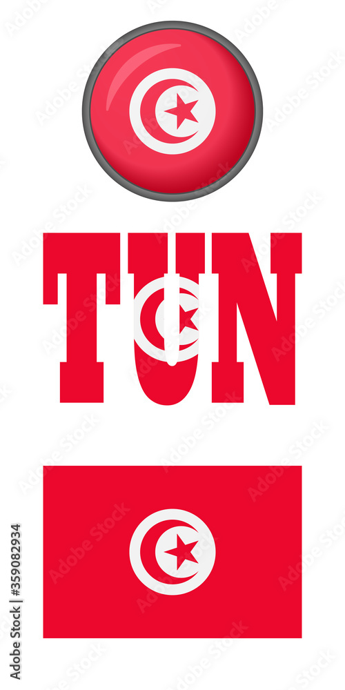 The Tunisian flag icon is set on a white background. Vector image: flag of Tunisia, the button and the abbreviation. You can use it to create a website, print brochures, booklets, leaflets, guidebook The Tunisian flag icon is set on a white background. Vector image: flag of Tunisia, the button and the abbreviation. You can use it to create a website, print brochures, booklets, leaflets, guidebook