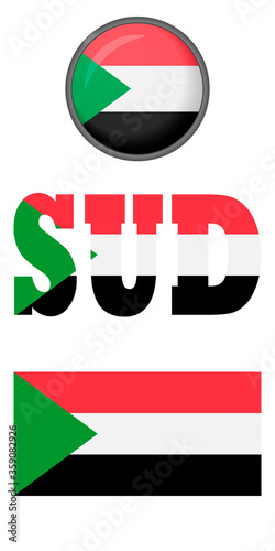 Sudan flag icon set on a white background. Vector image: Sudan flag, button and abbreviation. You can use it to create a website, print brochures, booklets, leaflets or a guidebook.