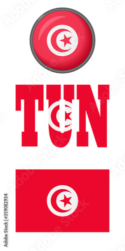 The Tunisian flag icon is set on a white background. Vector image: flag of Tunisia, the button and the abbreviation. You can use it to create a website, print brochures, booklets, leaflets, guidebook