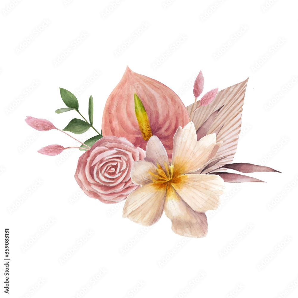 Exotic bouquet of flowers in watercolor