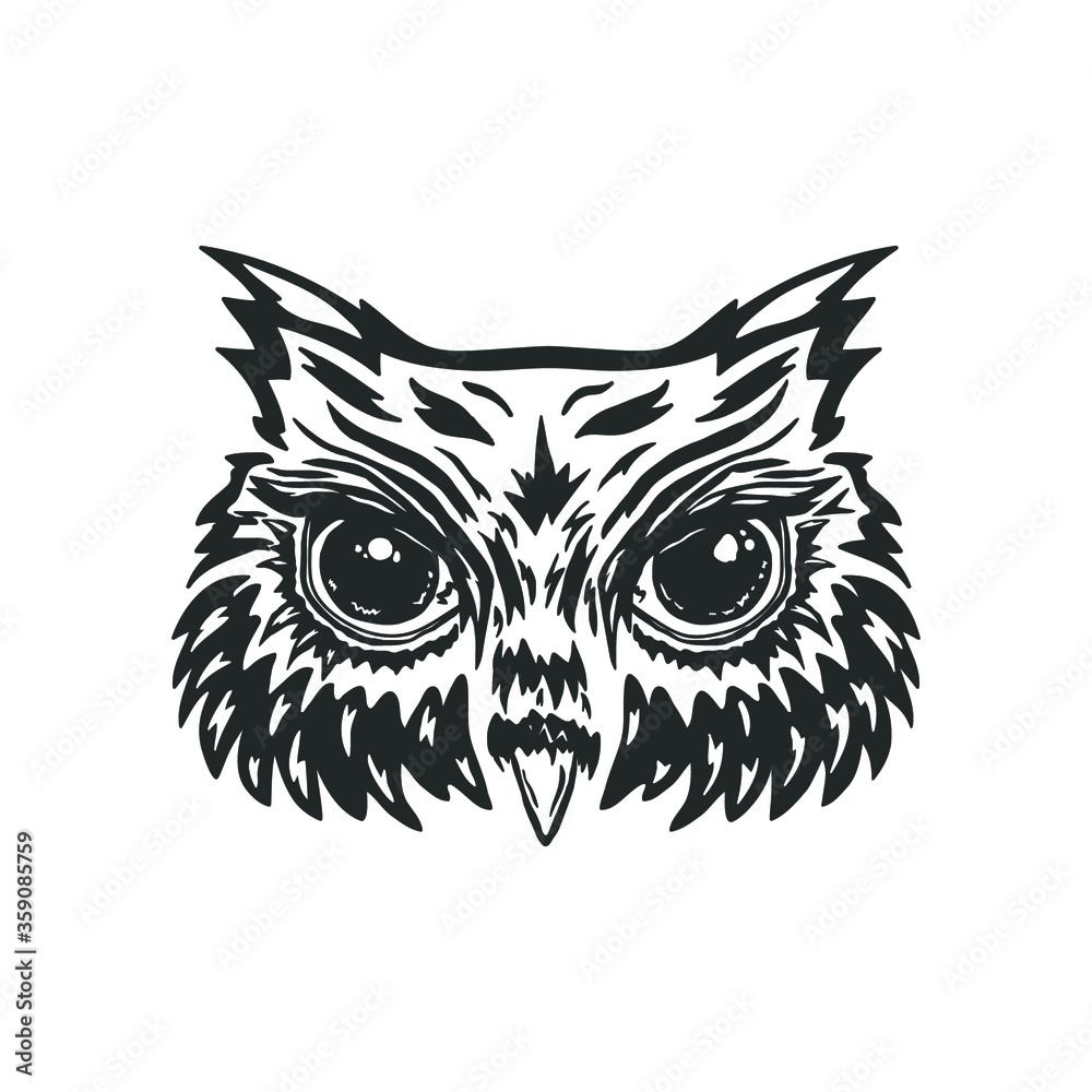 Owl's head isolated on white. Vector illustration.
