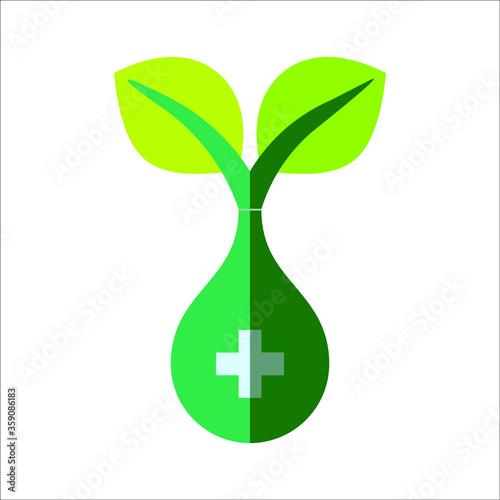 Green herbal medicine bottle with two green leaves Simple 2D vector 