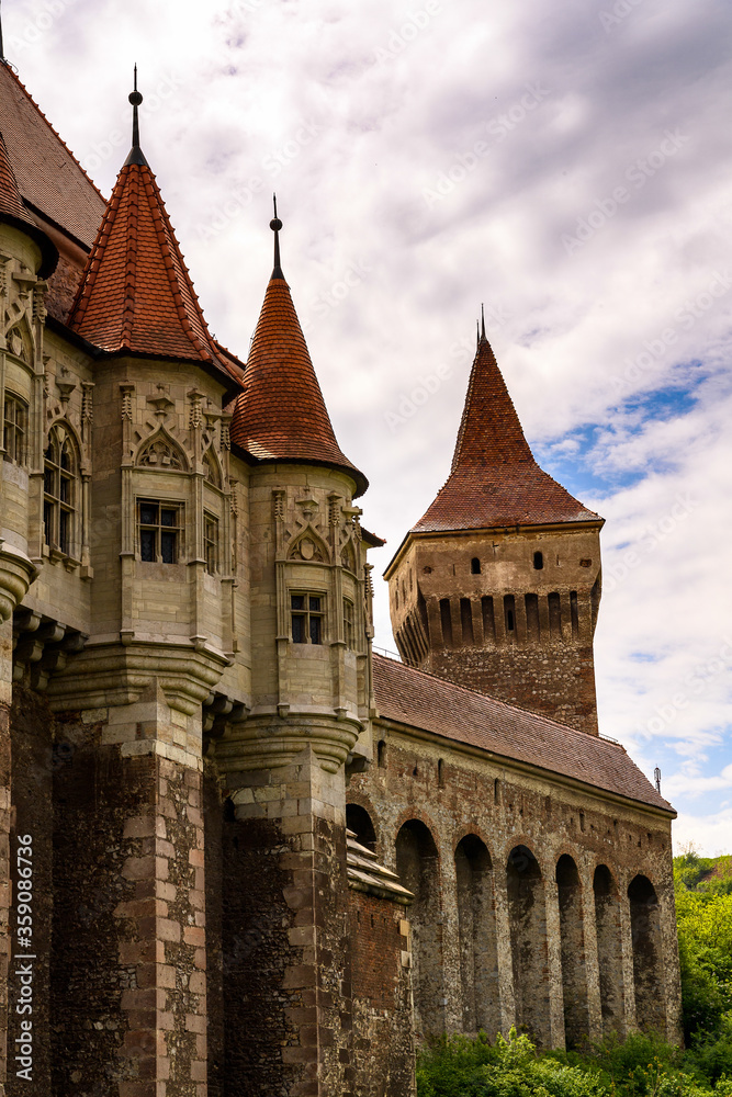 Exterior of the Corvin Castle, a Gothic-Renaissance castle in Hunedoara, Romania. One of the largest castles in Europe