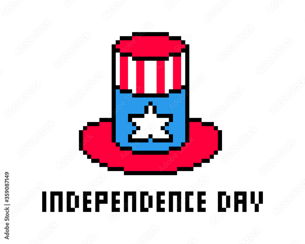 4th of July illustration, pixel art Uncle Sam's hat isolated on white background. 8 bit Independence day banner. American holiday greeting card. Vintage retro slot machine/video game graphics.