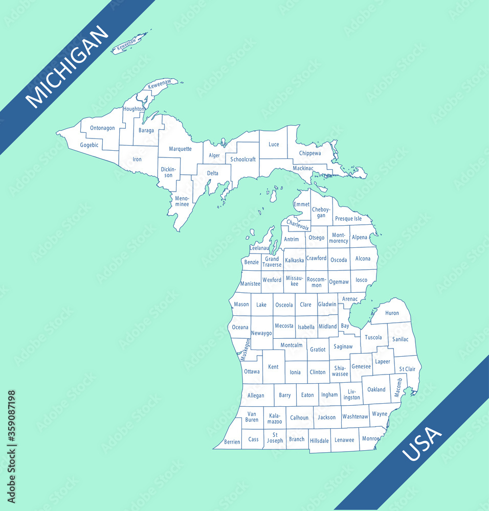 Counties map of Michigan labeled Stock Vector | Adobe Stock