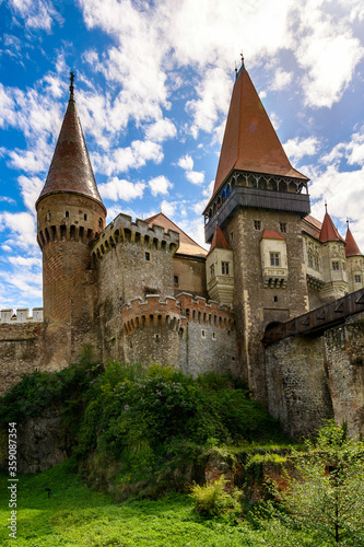 Exterior of the Corvin Castle, a Gothic-Renaissance castle in Hunedoara, Romania. One of the largest castles in Europe