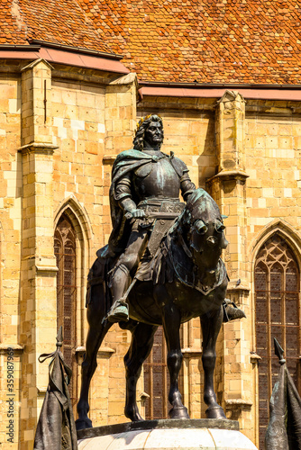 Statue of Matthias Corvinus, St. Michael's Church, a Gothic-style Roman Catholic church in Cluj-Napoca, Romania