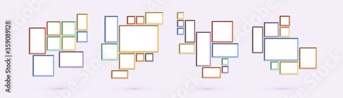 Set of photo and art frames on wall in a flat style. Simple blank photoframes collection