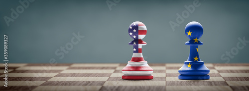 USA and European Union conflict. Country flags on chess pawns on a chess board. 3D illustration.