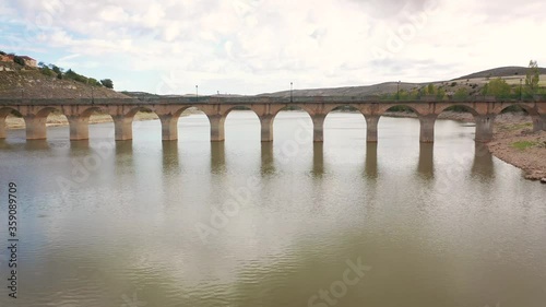 Wallpaper Mural (Crane Jib Ascending Shot) bridge over Riaza river, embalse de Linares reservoir in Maderuelo, province of Segovia, Castilla Leon, Spain Torontodigital.ca