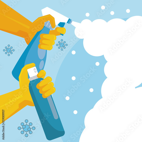 disinfect and clean activity with hands using splash bottles