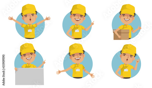 Delivery Services. Delivery man holding box or product. Deliveryman uniform isolated.