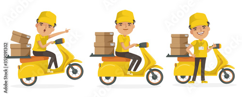 Delivery Services. Delivery man motorcycle driving . Deliveryman uniform isolated.