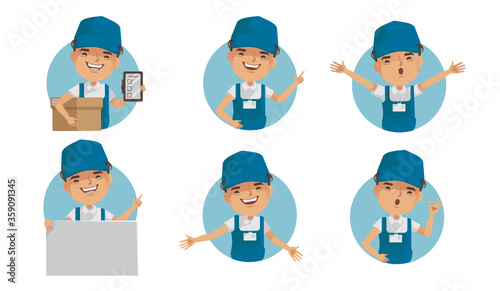Delivery Services. Delivery man holding box or product. Deliveryman uniform isolated.