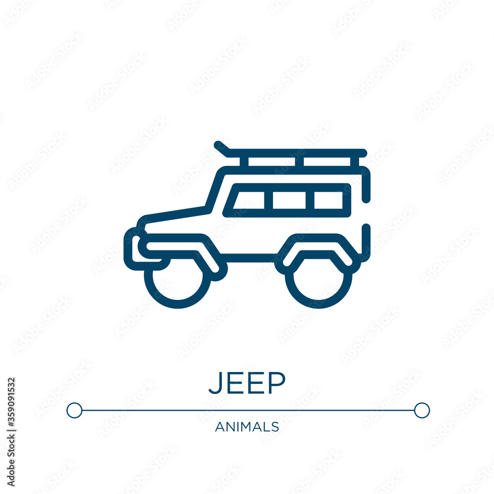 Jeep icon. Linear vector illustration from africa collection. Outline jeep icon vector. Thin line symbol for use on web and mobile apps, logo, print media. Jeep icon. Linear vector illustration from africa collection. Outline jeep icon vector. Thin line symbol for use on web and mobile apps, logo, print media.