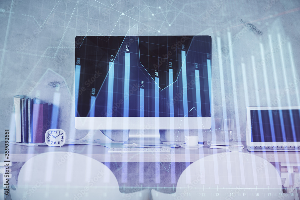 Multi exposure of stock market chart drawing and office interior background. Concept of financial analysis. Multi exposure of stock market chart drawing and office interior background. Concept of financial analysis.