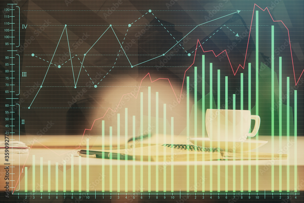 Multi exposure of forex graph drawing and desktop with coffee and items on table background. Concept of financial market trading Multi exposure of forex graph drawing and desktop with coffee and items on table background. Concept of financial market trading