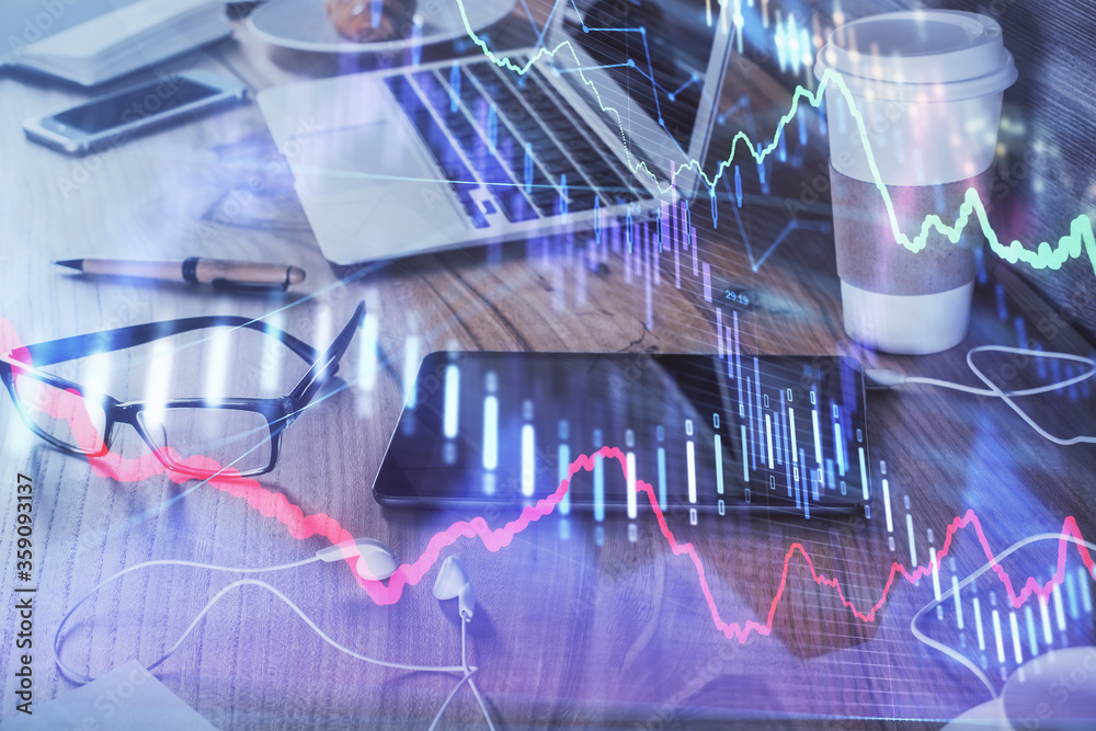 Double exposure of forex chart drawing and cell phone background. Concept of financial trading Double exposure of forex chart drawing and cell phone background. Concept of financial trading