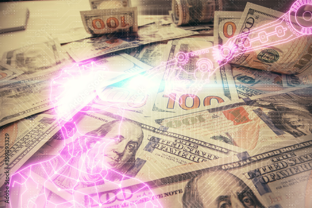 Double exposure of man wearing VR glasses drawing over usa dollars bill background. Concept of virtual reality. Double exposure of man wearing VR glasses drawing over usa dollars bill background. Concept of virtual reality.
