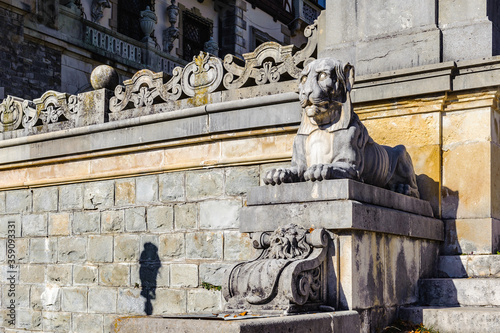 It's Lion Statue in the garden of the Peles Castle, Carpathian mountains, Romania