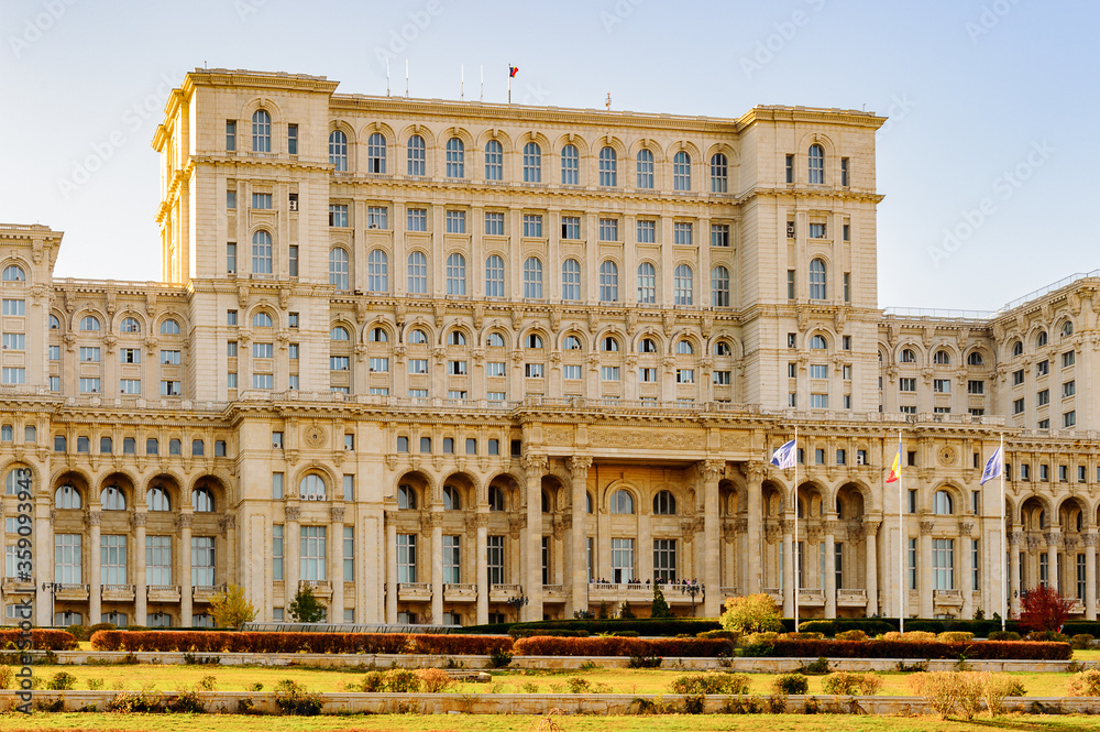 Palace of the Parliament (Palatul Parlamentului), Bucharest, Romania.  Palace is the world's largest civilian building with an administrative function and heaviest building.