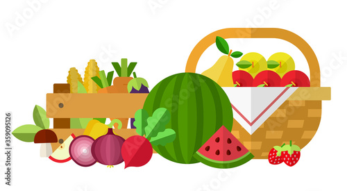 Illustration of garden products, vegetables, fruits, berries in box and basket vector illustration
