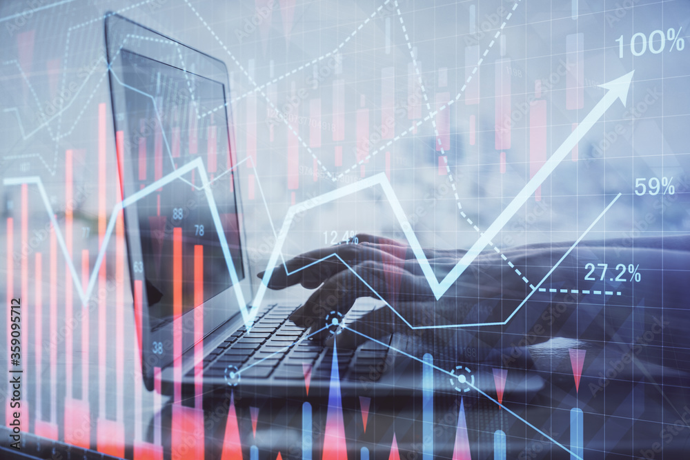 Double exposure of woman hands typing on computer and forex chart hologram drawing. Stock market analysis concept. Double exposure of woman hands typing on computer and forex chart hologram drawing. Stock market analysis concept.