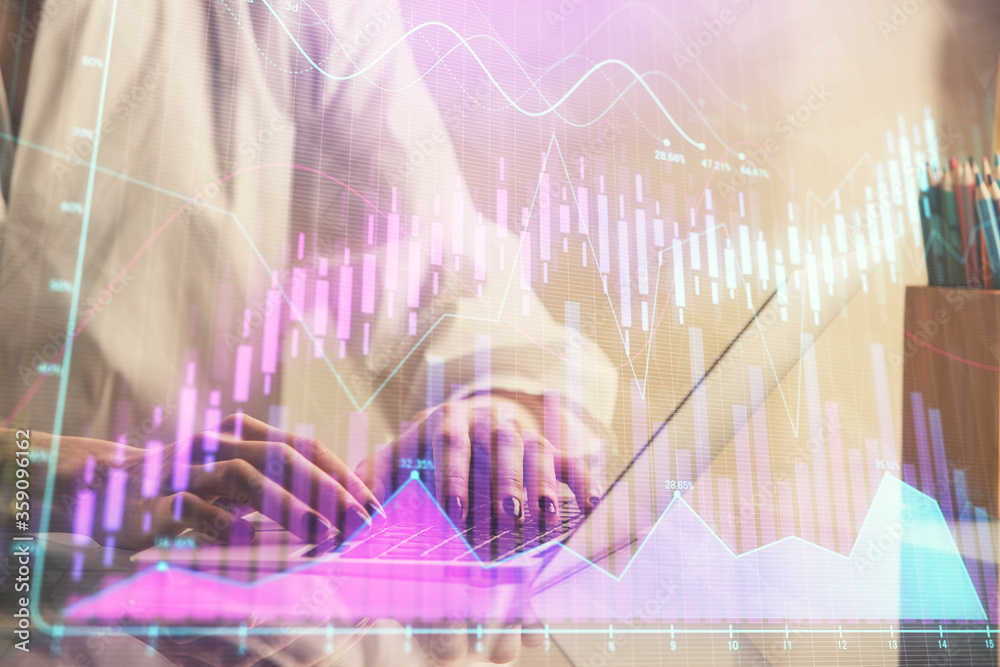 Double exposure of woman hands typing on computer and forex chart hologram drawing. Stock market invest concept. Double exposure of woman hands typing on computer and forex chart hologram drawing. Stock market invest concept.
