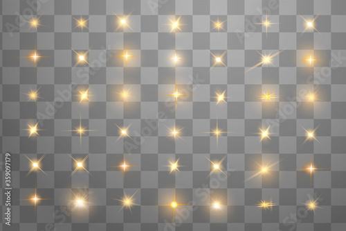 Glow isolated yellow light effect set, lens flare, explosion, glitter, line, sun flash and stars. Abstract special effect element design. Shine ray with lightning. Set of gold bright beautiful stars