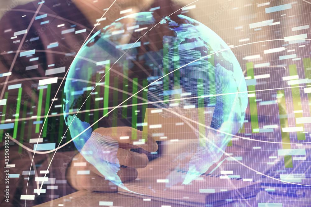 Double exposure of man's hands holding and using a phone and international business theme drawing. Double exposure of man's hands holding and using a phone and international business theme drawing.